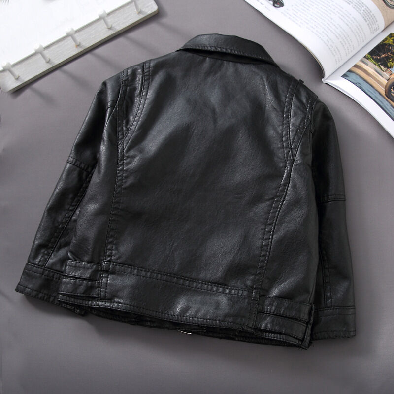 18M-10Y Kids Boys Black Zip-Up Lapel PU Leather Jackets