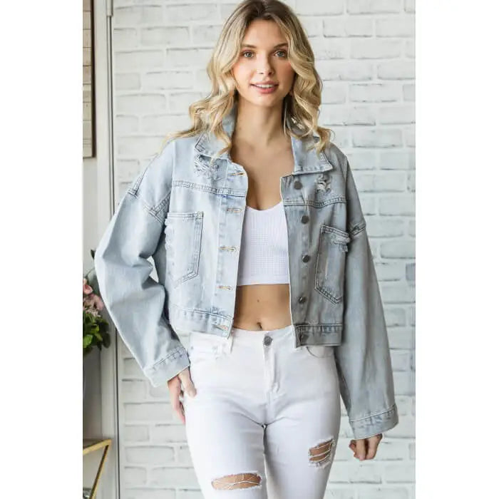 Women Fashion Vintage Rhinestone Tassel Ripped Denim Jacket