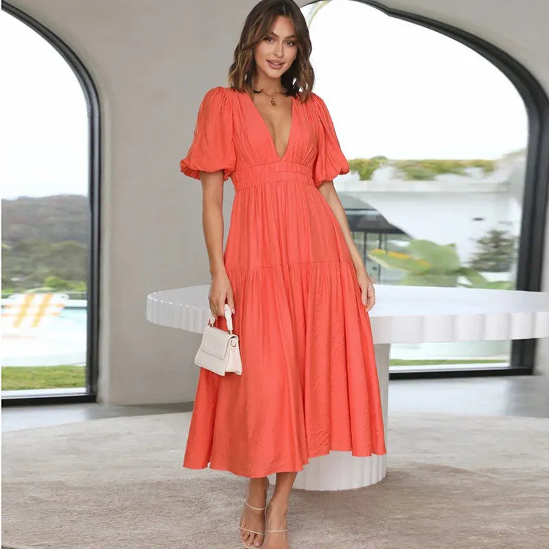 Women Casual Elegant V-Neck Solid Color Puff Sleeve Maxi Dress