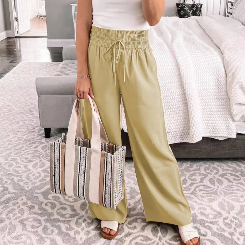 Women Casual Solid Color Lace Up Straight Wide-Leg Pants