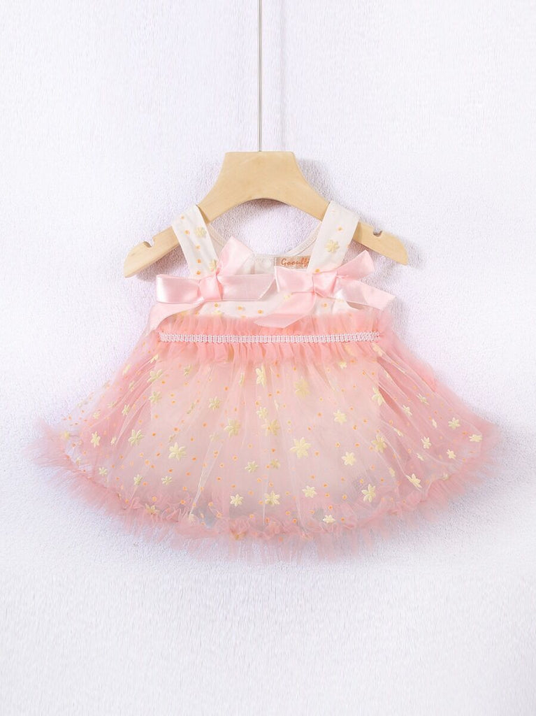 Flower Trim Mesh Bowknot Princess  Baby Onesies For Girl High Quality