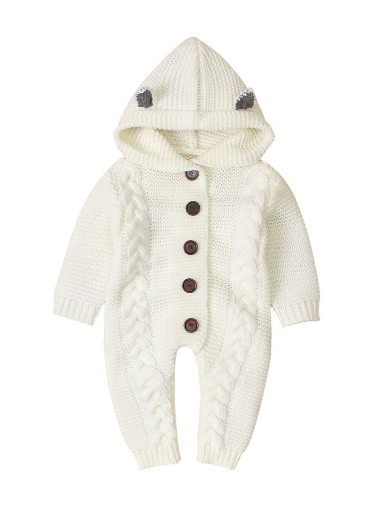 Baby Ear Cable-knit Eyelets  Hooded Jumpsuit