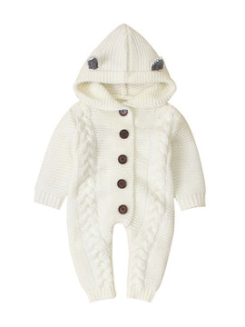 Baby Ear Cable-knit Eyelets  Hooded Jumpsuit
