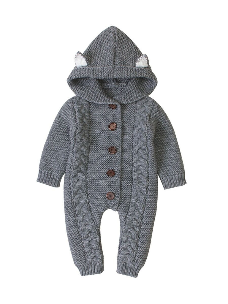 Baby Ear Cable-knit Eyelets  Hooded Jumpsuit