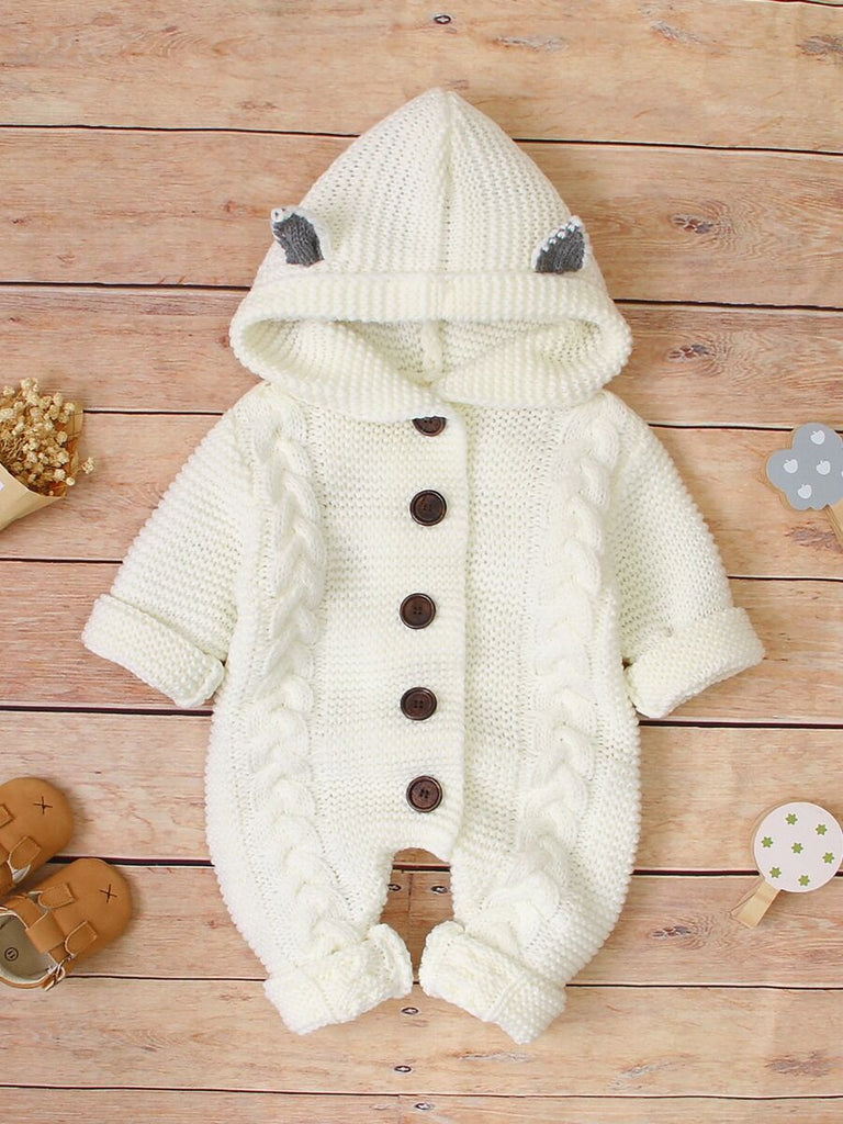 Baby Ear Cable-knit Eyelets  Hooded Jumpsuit