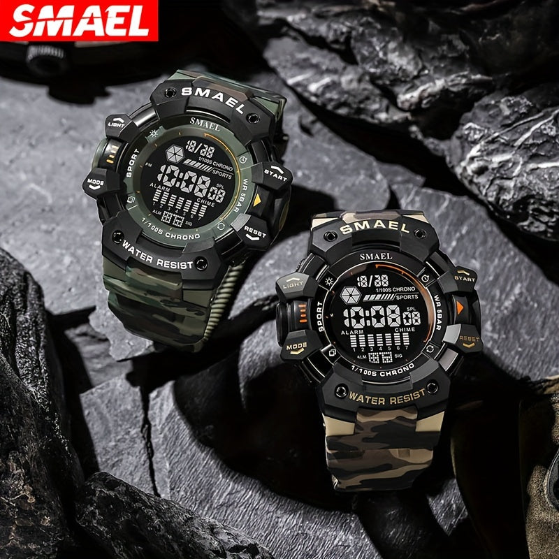 Sports Digital Wristwatch For Outdoor Mountaineering, LED Night Light Multifunctional Alarm Calendar Watch With Large Dial Camo Strap FS