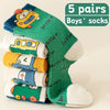 5 Pairs Boys' Mid-Calf Crew Footwear with Cartoon Vehicles, 100% Polyester, Suitable for Children Aged 12 and Under, FS
