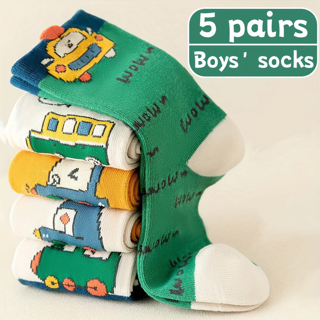 5 Pairs Boys' Mid-Calf Crew Footwear with Cartoon Vehicles, 100% Polyester, Suitable for Children Aged 12 and Under, FS