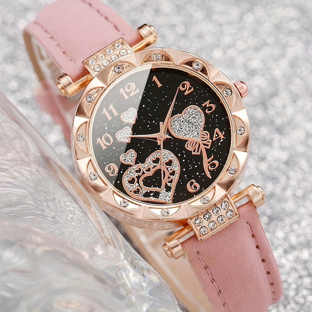 2pcs/set, girls' Fashion Cute PU Leather Girls Quartz Wrist Watch & Heart Bracelet Set, Ideal For Holiday Gift FS