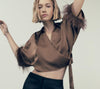 Fashion Women's Wear Cuff Feather Trim Short Silk Satin Shirt