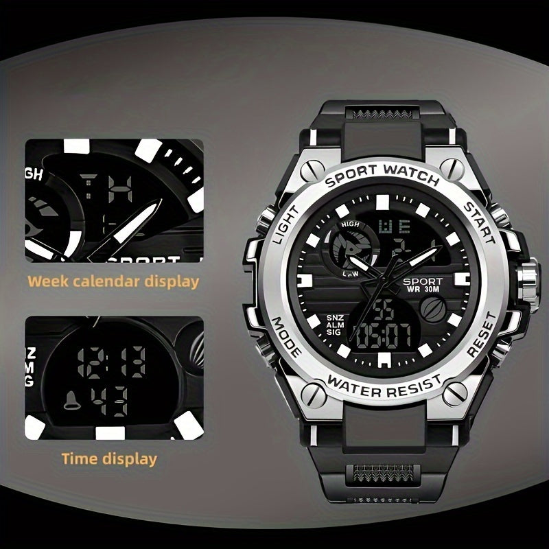 Simple Large Dial Waterproof Calendar Luminous Multi-function Dual Display Watch, Men's Business Sports Outdoor School Supplies Gift FS