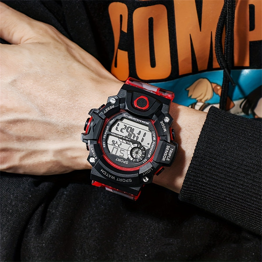 Casual Men's Sports Style Silicone Strap Electronic Watch, 24H Date Week Chronograph Stopwatch Alarm Luminous Multifunctional Wristwatches FS