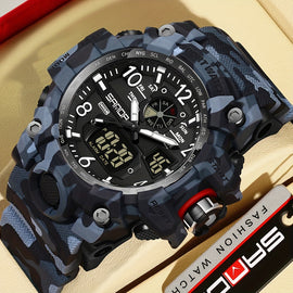 Men's Sports Watch, SANDA  Dual Display Quartz Movement, Round Dial with Stopwatch, Date, Alarm Clock, Luminous Multifunctional Tactical Wristwatch with TPU Strap FS