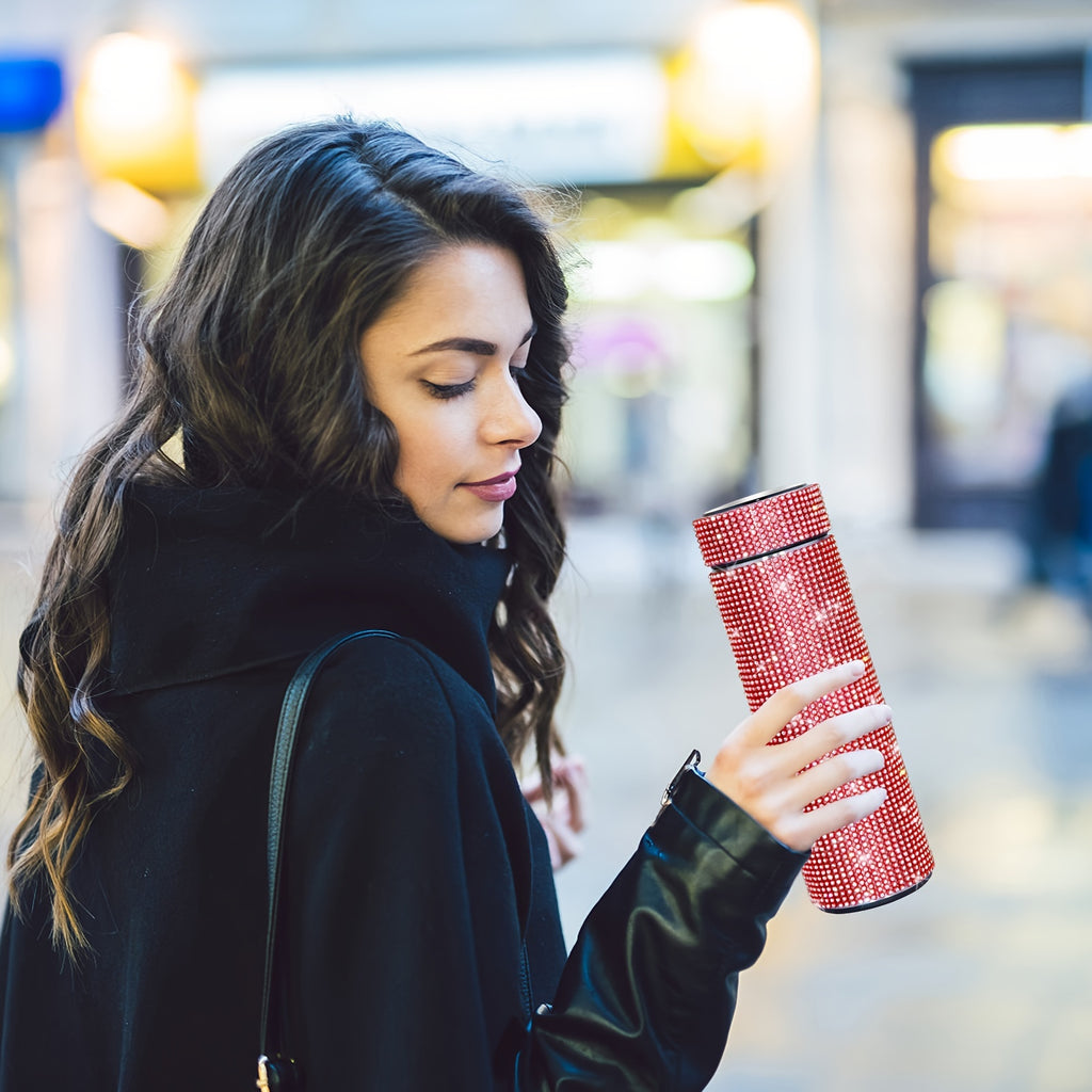 1pc, Sparkling Studded Vacuum Flask, 17oz/500ml Stainless Steel Insulated Water Bottles, Travel Thermal Cups, For Hot And Cold Beverages, Summer Winter Drinkware, Gifts, FS