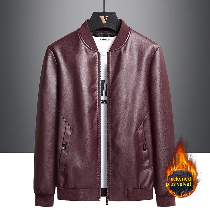 New Men's Casual Leather Clothing Autumn And Winter Standing Collar Plus Size Velvet Padded Thickened Coat