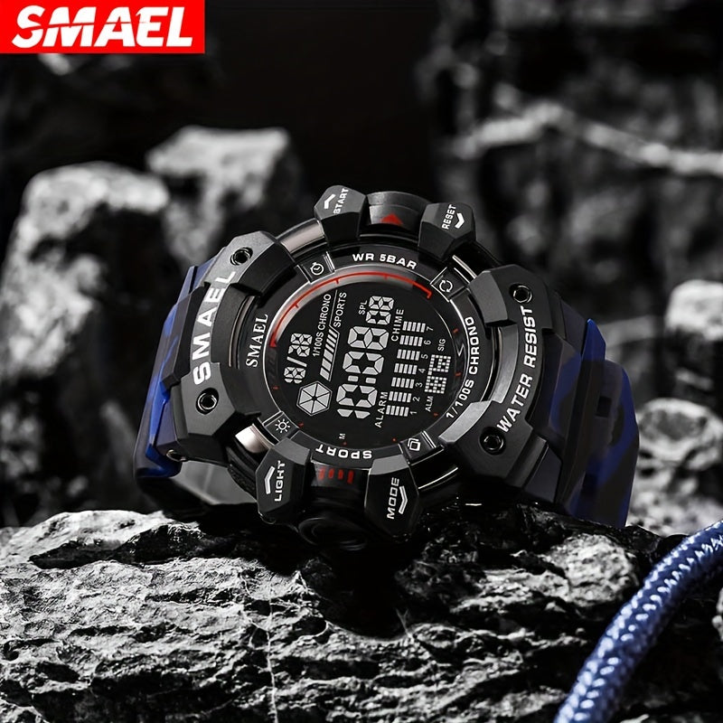 Sports Digital Wristwatch For Outdoor Mountaineering, LED Night Light Multifunctional Alarm Calendar Watch With Large Dial Camo Strap FS