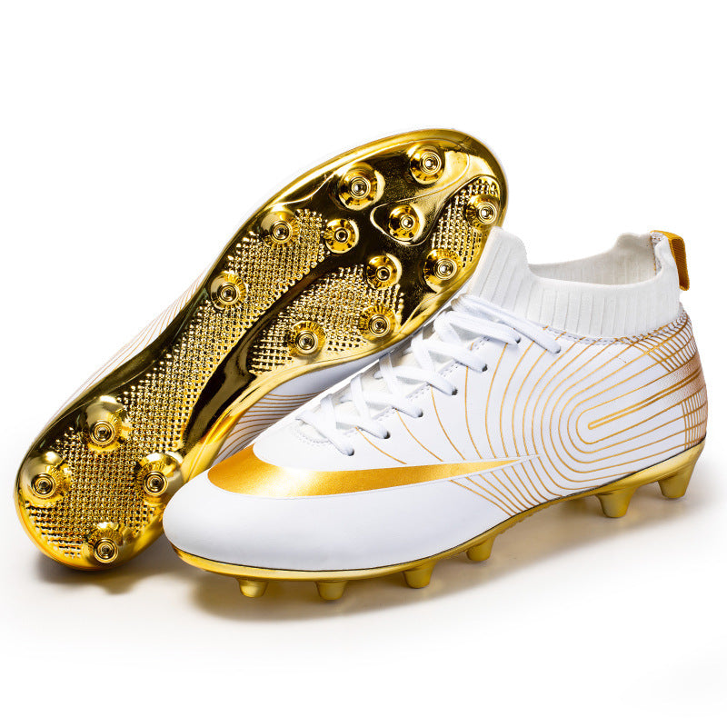 High Top Football Shoes With Long, Broken Nails And Gold Soles On Grass