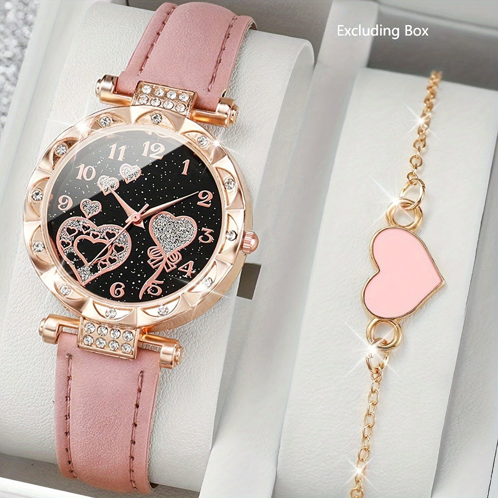 2pcs/set, girls' Fashion Cute PU Leather Girls Quartz Wrist Watch & Heart Bracelet Set, Ideal For Holiday Gift FS