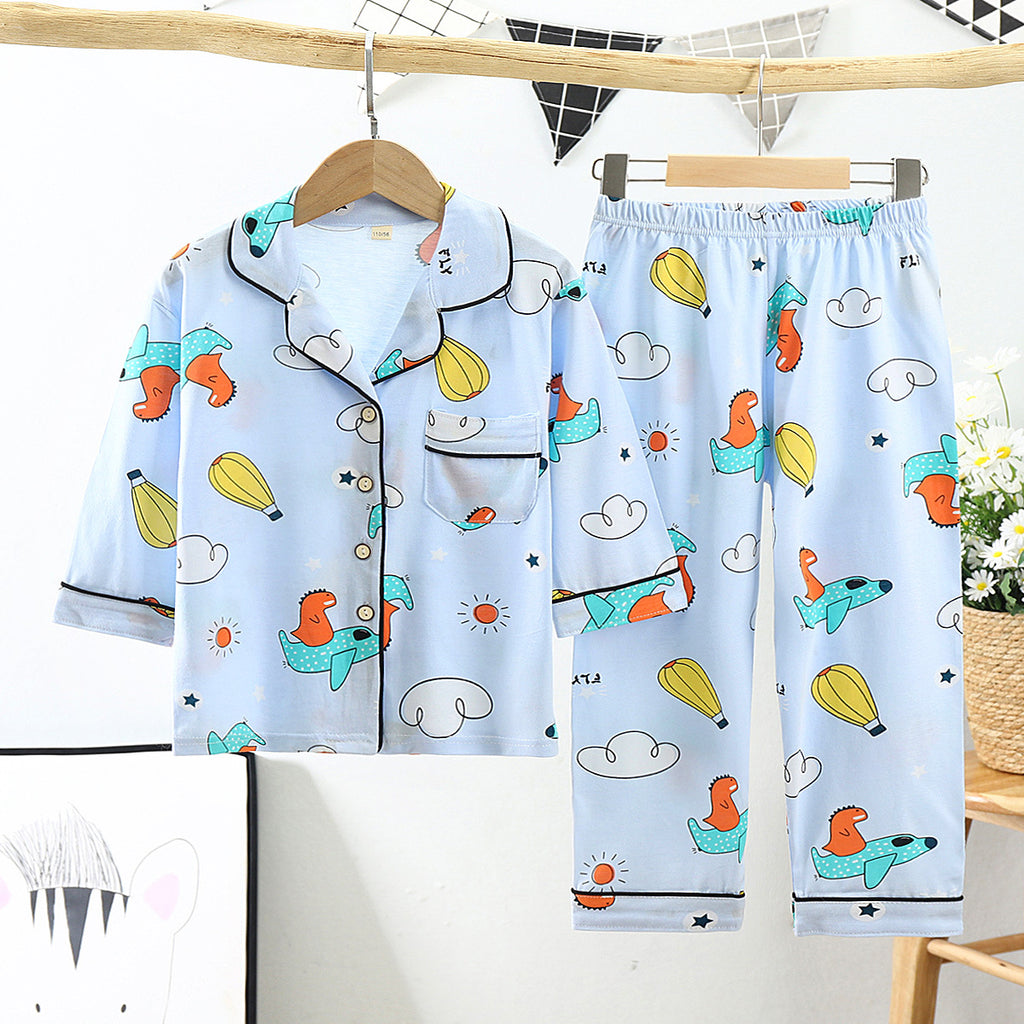 Cotton Kids Lapel Pajamas Set With Three Quarter Sleeves