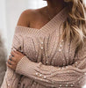 Single shoulder blouse long-sleeved V-neck sexy pearl pullover for women