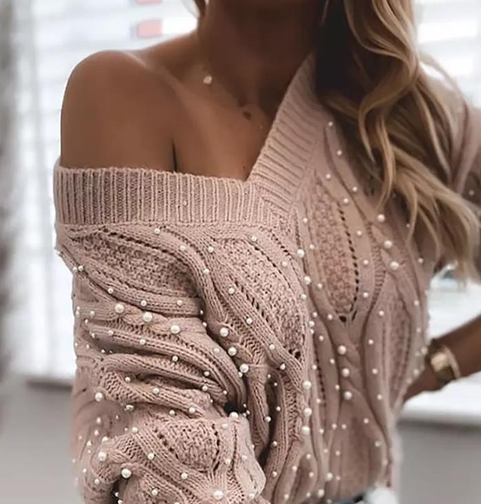 Single shoulder blouse long-sleeved V-neck sexy pearl pullover for women