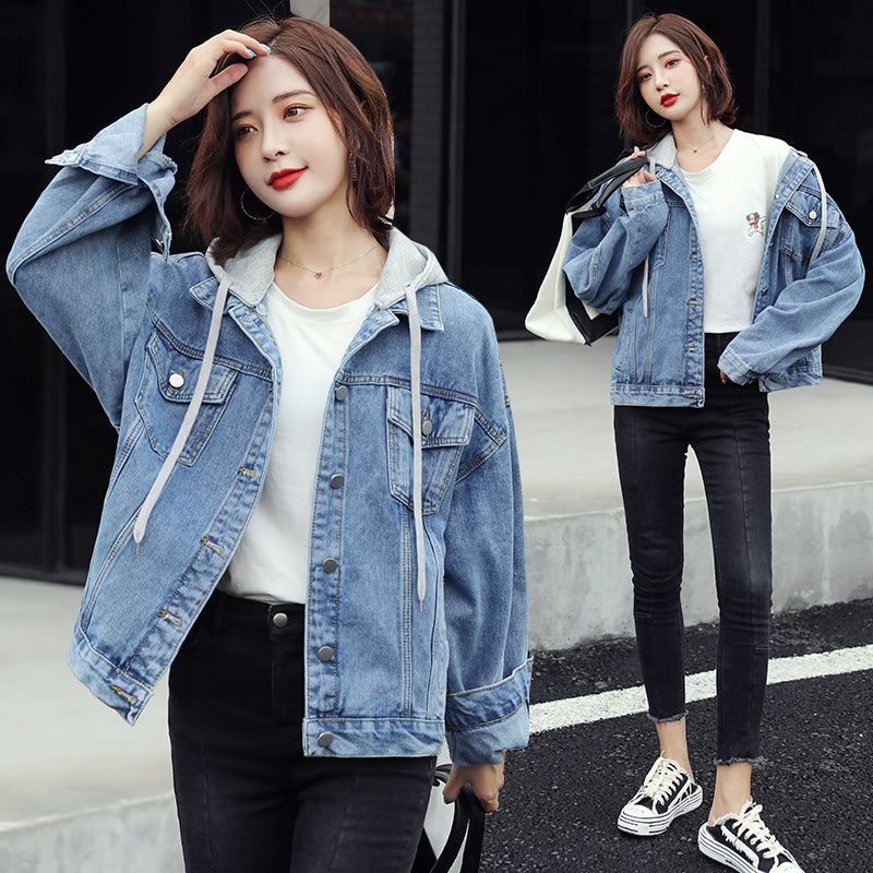 Vintage style Loose-fitting Hoodies Casual Denim jacket