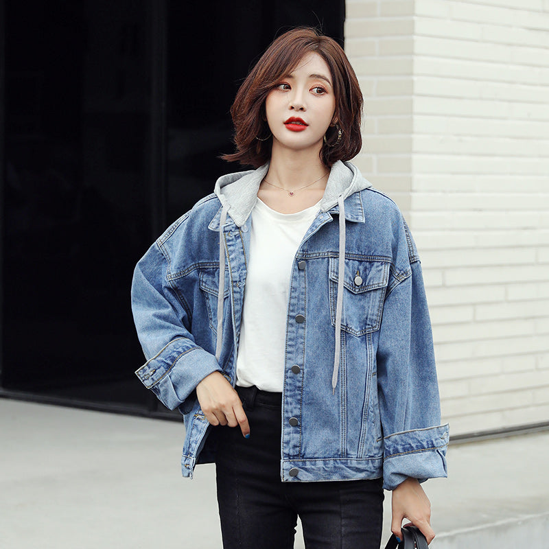 Vintage style Loose-fitting Hoodies Casual Denim jacket