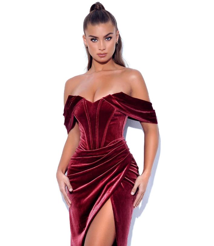 Sexy off-shoulder velvet Corset Pleated high slit mid skirt autumn and winter dress