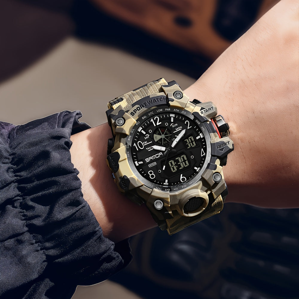 Men's Sports Watch, SANDA  Dual Display Quartz Movement, Round Dial with Stopwatch, Date, Alarm Clock, Luminous Multifunctional Tactical Wristwatch with TPU Strap FS