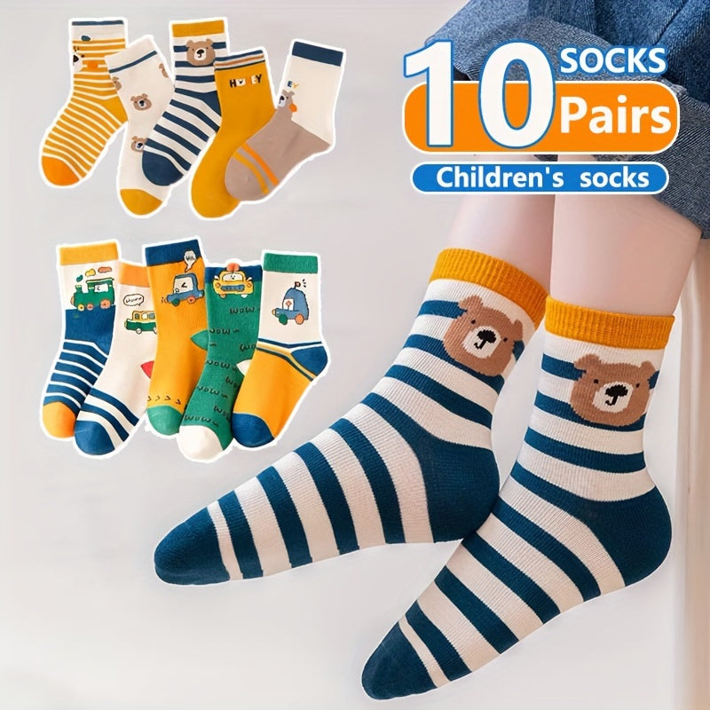 10-Pair Pack Children's Cute Bear and Striped Cartoon Calf-Length Socks, Polyester Blend Comfort Fit for All Seasons,FS