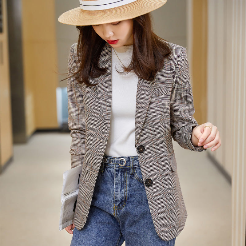 Brown plaid coat temperament professional suit jacket for women