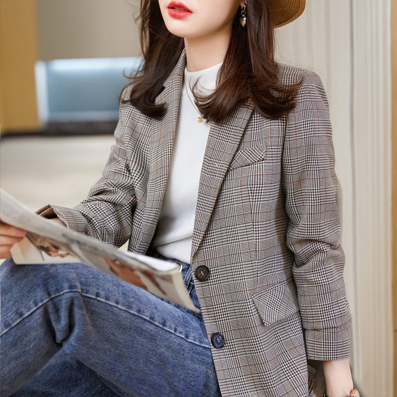 Brown plaid coat temperament professional suit jacket for women