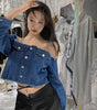 One-Shoulder Washed Frayed Vintage Denim Top Sling Chain