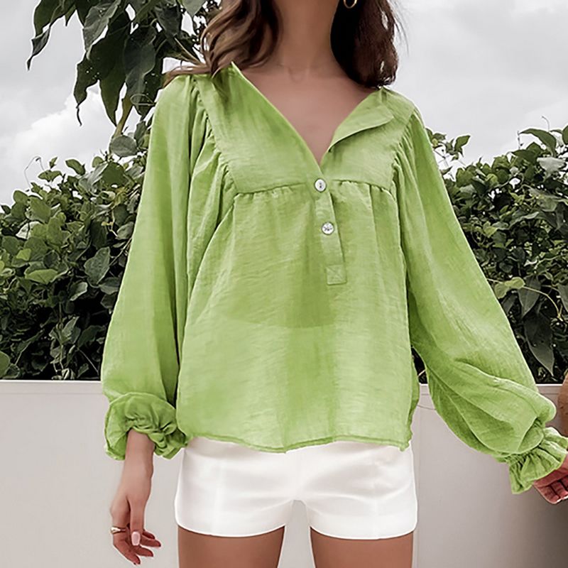 Outlet Summer new long-sleeved pullover breathable green casual cotton and linen shirt