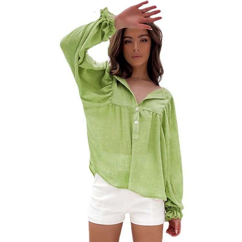 Outlet Summer new long-sleeved pullover breathable green casual cotton and linen shirt