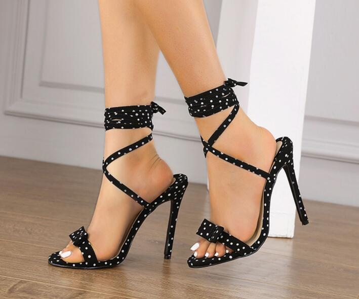 European fashion black spots comfortable 12 cm high-heeled sandals