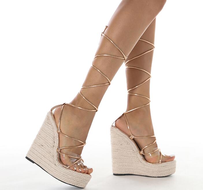 European fashion simple lace-up wedge 16cm high-heeled sandals