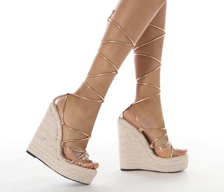 European fashion simple lace-up wedge 16cm high-heeled sandals