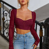 European fashion Hot style mesh long-sleeved square neck sexy Breasted Crop top