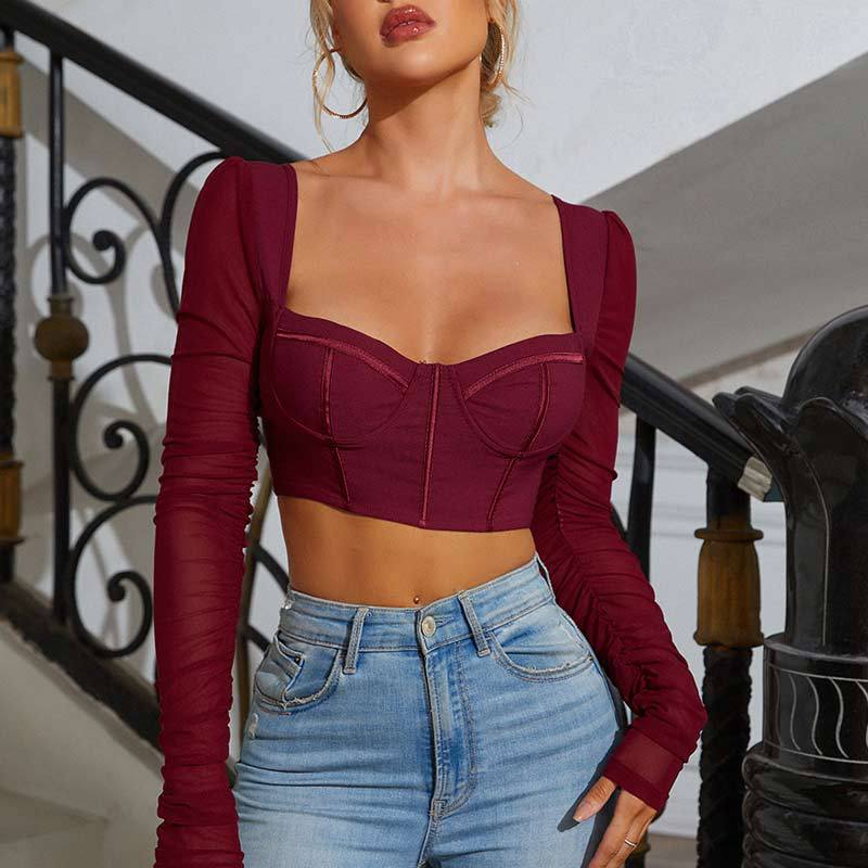 European fashion Hot style mesh long-sleeved square neck sexy Breasted Crop top