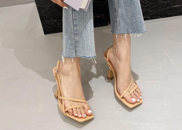 Simple style  sandals square toe high heels chunky heel