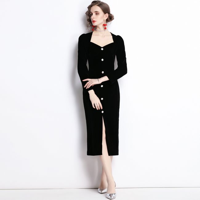 V-Neck Slim Fit Dress Black Velvet Fashion