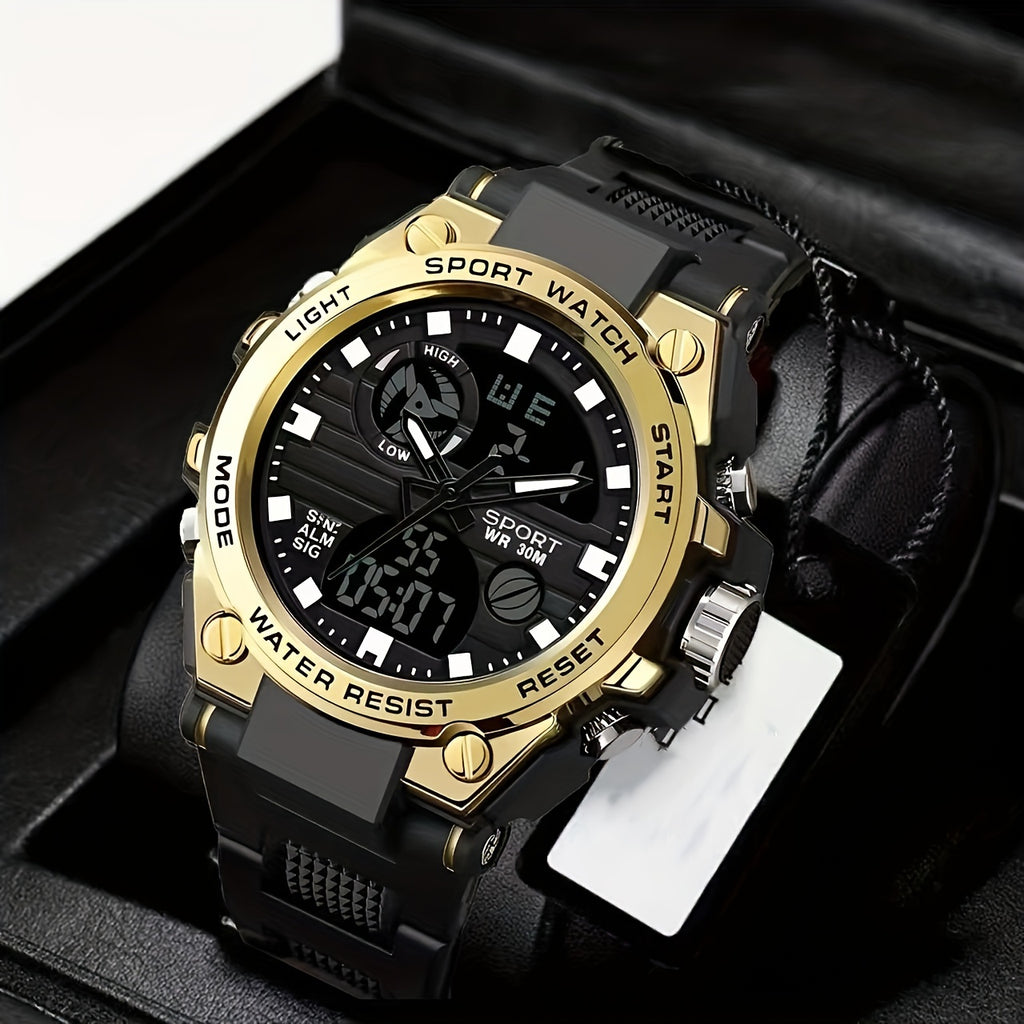 Simple Large Dial Waterproof Calendar Luminous Multi-function Dual Display Watch, Men's Business Sports Outdoor School Supplies Gift FS