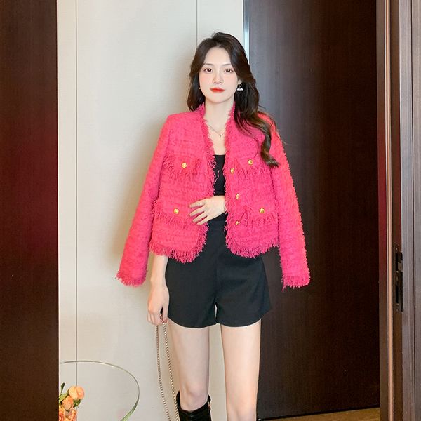 New style high-end rose red tweed temperament ladies short coat