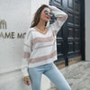 Women's Striped V-neck sweater loose long-sleeved Knitted pullover blouse