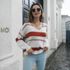 Women's Striped V-neck sweater loose long-sleeved Knitted pullover blouse