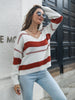 Women's Striped V-neck sweater loose long-sleeved Knitted pullover blouse