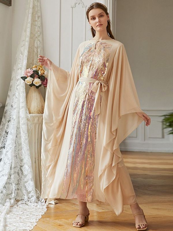 Maxi dress Beige butterfly sleeve dress Middle East women's