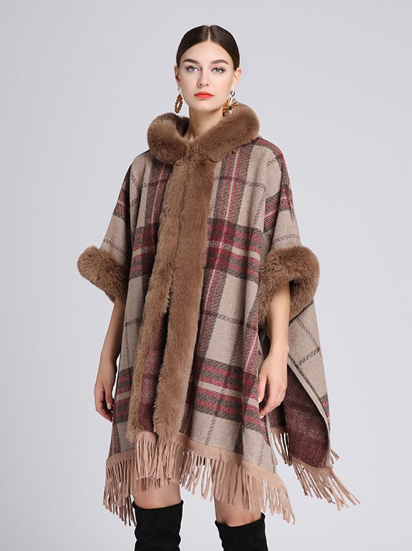 European Fashion Winter Long wool coat Plaid Shawl thick Big fur collar