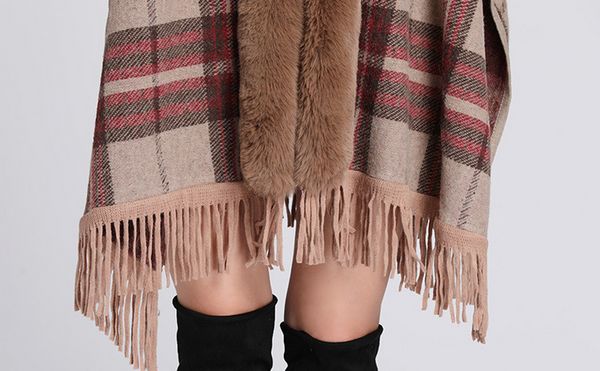 European Fashion Winter Long wool coat Plaid Shawl thick Big fur collar